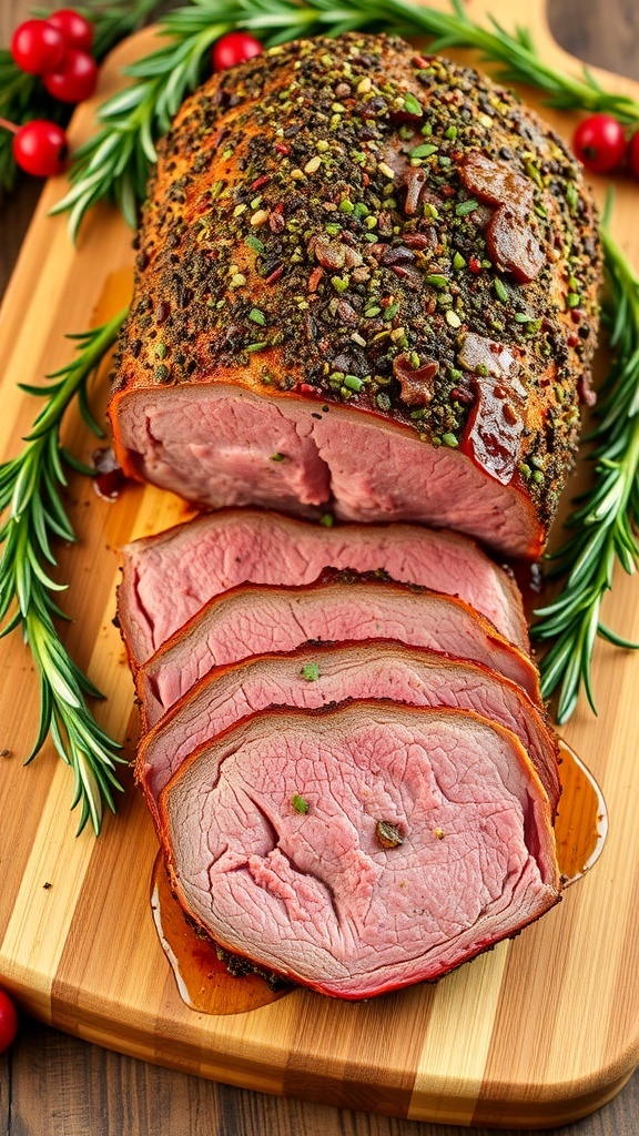 Herb-crusted roast beef on a cutting board, garnished with herbs, sliced to show juicy interior, in a festive setting.